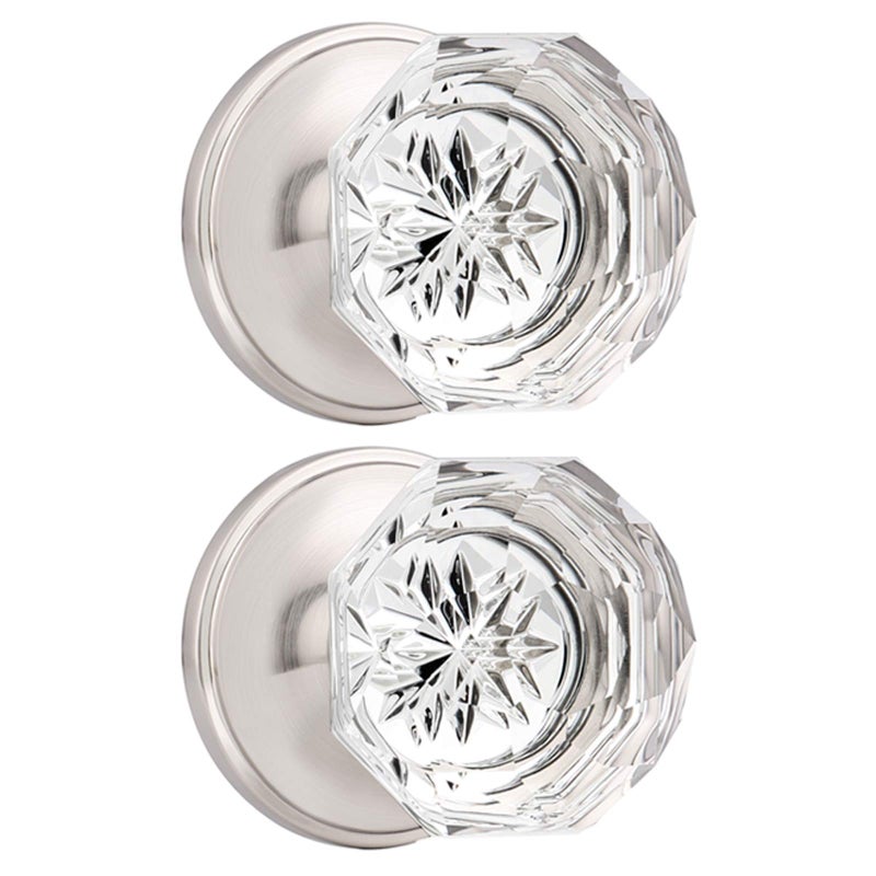 Orger Dummy Crystal Door Knobs with Diamond Shape in Satin Nickel Finish, Inactive Non-Turning Single Side Interior Dummy Handles for French Door/Cloakroom, 2 Pack - Image 1